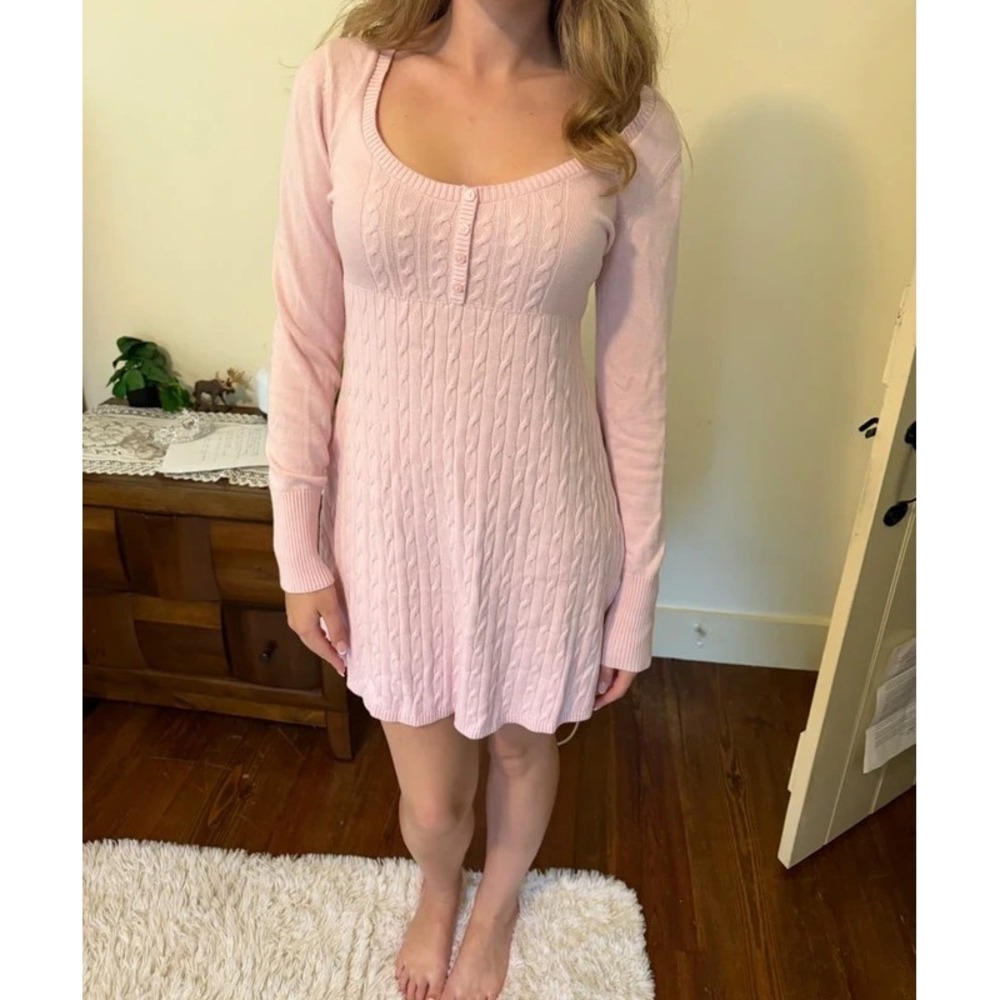 Hollister Button Front Babydoll Knitted Mini Dress, Pink, Size 8-10